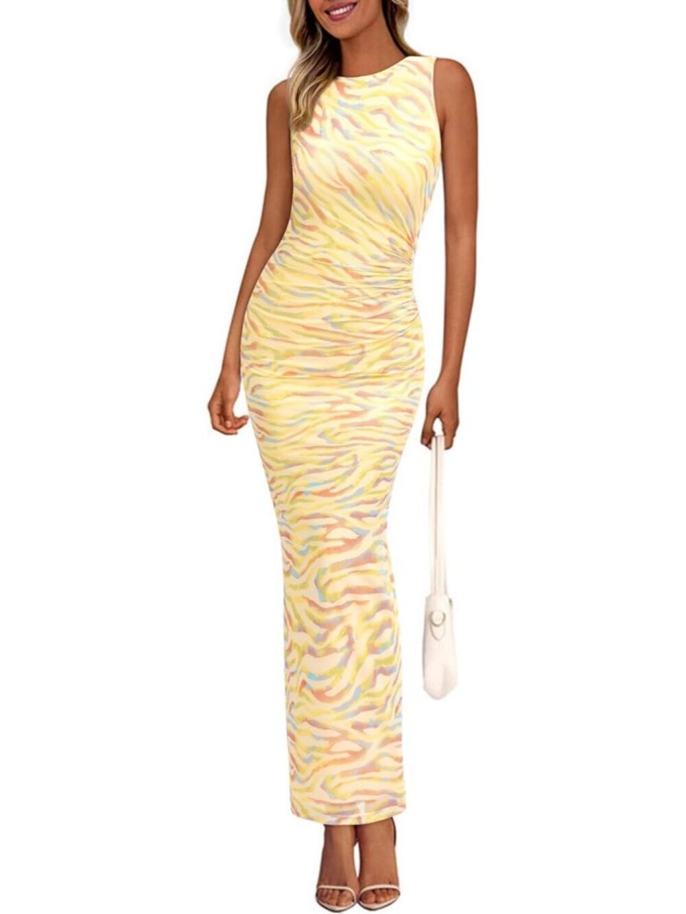 Women Floral Yellow  Polyester Elastane Mesh Sleeveless Bodycon Long Maxi Dress